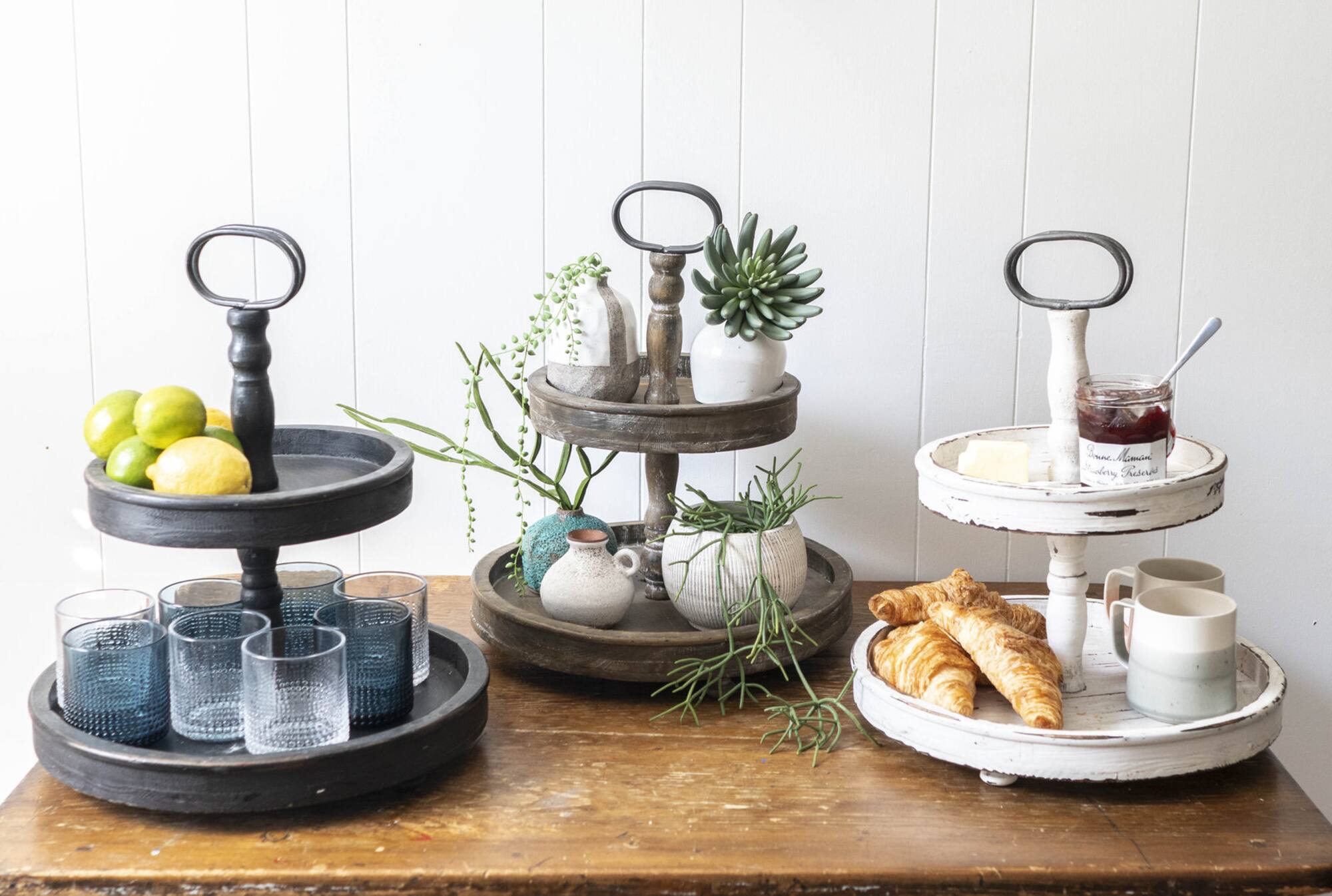 Hello Honey® 18.5" Distressed Brown Wooden 2-Tier Tray with Metal Handle